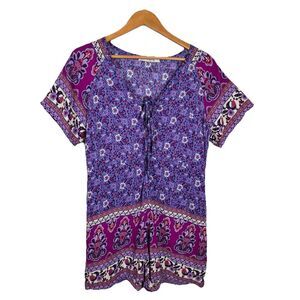 Rusttydustty Size‎ Large Purple Boho Tie Front Festival Colorful Romper Beach